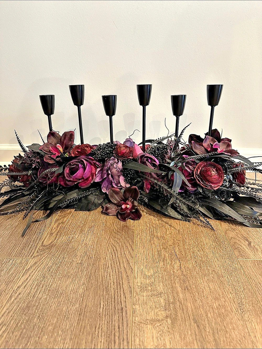 Black & Purple Floral Candleholder Centerpiece